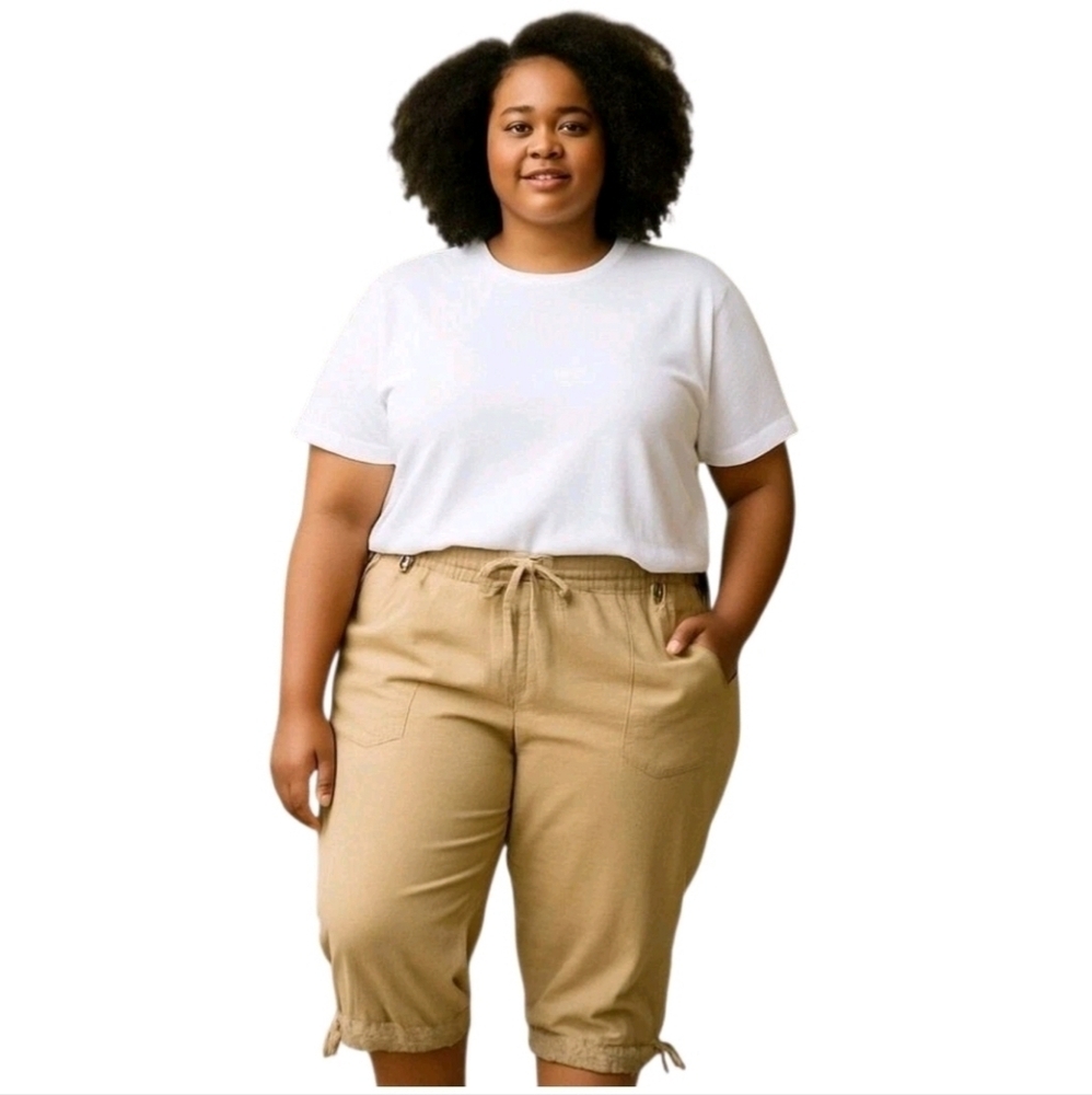 𝅺ashley Stewart Linen Blend Tan Drawstring Elastic Waist Capri Pants Size 12